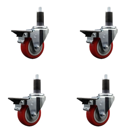Service Caster 3.5'' Red Poly Swivel 1-1/4'' Expanding Stem Caster Set with Brake, 4PK SCC-EX20S3514-PPUB-RED-PLB-114-4